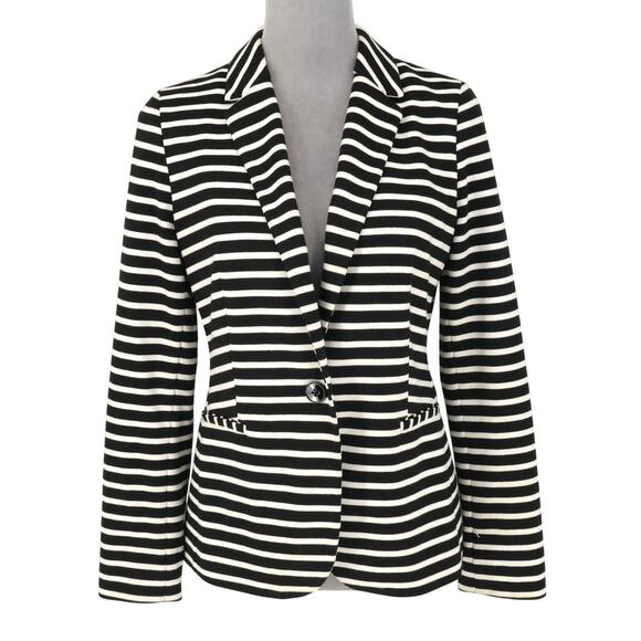 Chicos Jacket 0 Womens 4 Small Black White Lined Stretch Knit Blazer Nautical - Picture 1 of 14